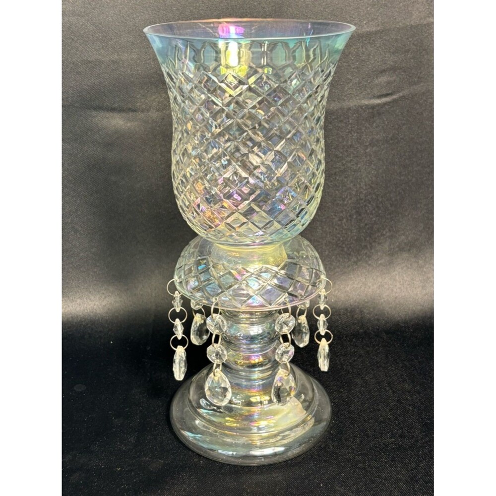 Clear Cut Glass Diamond Hurricane Taper Candle Holder 11.5” Hollywood Regency